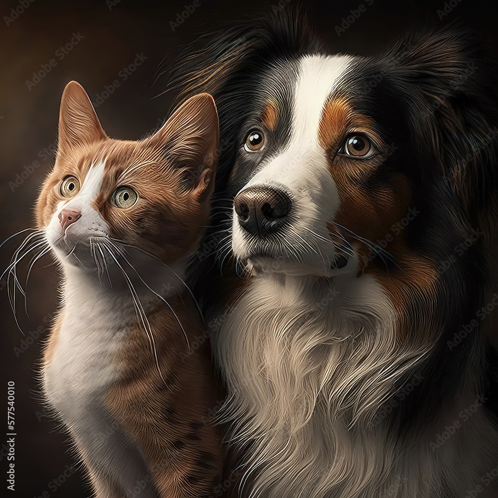 Red cat and dog with black ears on a brown background. Cute fluffy pets, detailed wool, high resolution, illustrations, art. AI