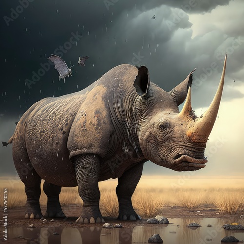 Rhino on the background of the swamp in the shroud. Exotic and dangerous animals  durable skin  zoo  safari  high resolution  illustrations  art. AI