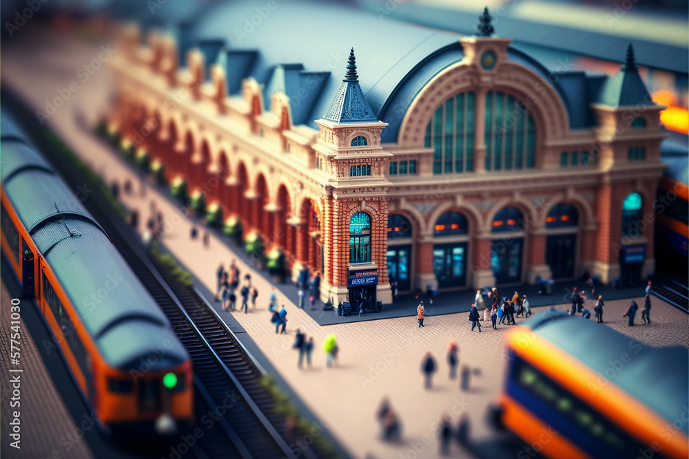 Tilt-shift photo of famous train station, Generative AI