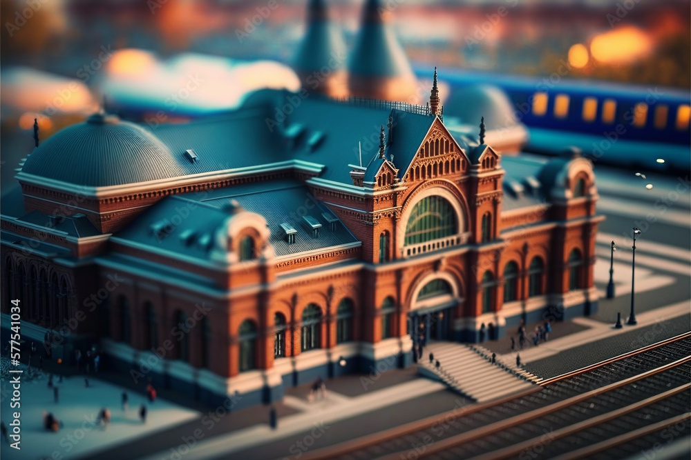 Tilt-shift photo of famous train station, Generative AI