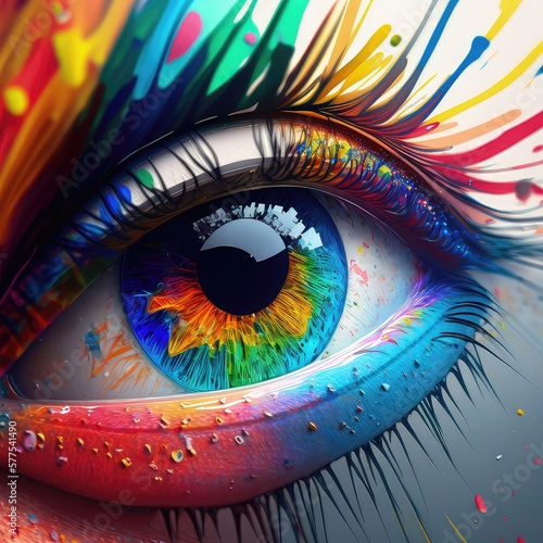 Human eye looking up. Colorful drawing  dark background  saturated colors  glare  high resolution  illustrations  art. AI