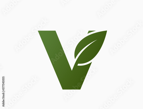 small letter v with leaf. creative alphabet logotype. nature and environment design element. isolated vector image