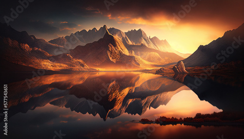 A serene lake nestled between towering mountains  reflecting the orange and pink hues of a breathtaking sunrise  1