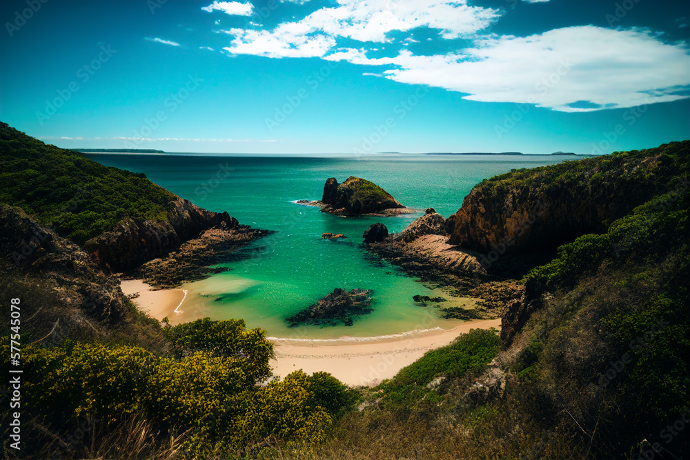 Fototapeta premium Baia do Sancho. Sancho Beach (Praia do Sancho) in Fernando de Noronha Island Brazil. Exotic beach on islands. Rocky shore in ocean. Rock Pools sea. Coast Scenic Mountains. AI Generative Illustration.