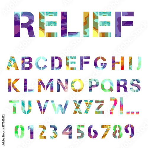 Set of letters from A to Z. Decorative font with a pattern of wavy lines. Environmental typography. Topographical relief in the basis for letters.