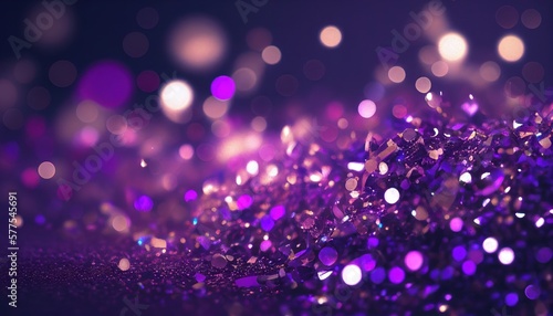 Glittering piles of purple sparkles and bokeh blur. Generative AI