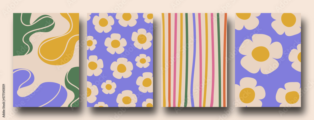 Retro Collection of abstract organic floral posters, Trendy vintage 70s style. Y2k aesthetic.	