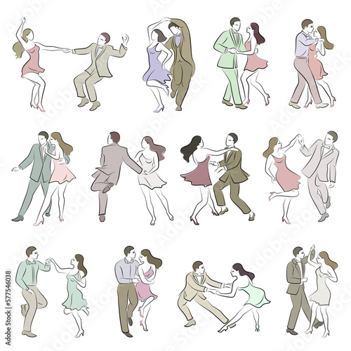 Collection. Beautiful young couple. The girl and the boy are dancing. creative art. Graphic image. Vector illustration set.