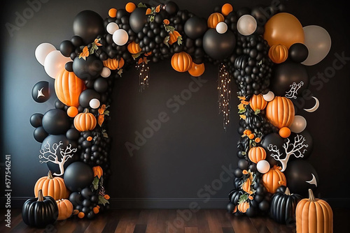 decoração de balões com aboboras feliz dia das bruxas, decorativos para festa de halloween dia dos mortos  photo