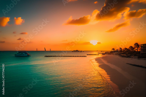 Caribbean islands on sunset. Eagle Beach in Oranjestad, Aruba. Resort on Caribbean Palm Beach. Coastline at ocean. Waves at sea on sunset. © MaxSafaniuk