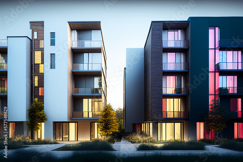 Townhouse in residential area. Modern facade residential building. Urban townhouse. Modern house  small multi-residential townhome. Facade building Exterior Design  Ai Generative Illustration.