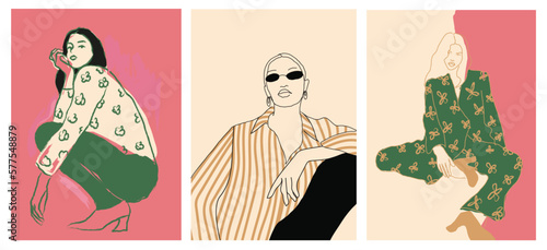 Abstract vintage wall art background vector. Collection of women in different poses, clothing, line art, organic shapes. Trendy style poster set for wall decoration, interior, wallpaper, banner.