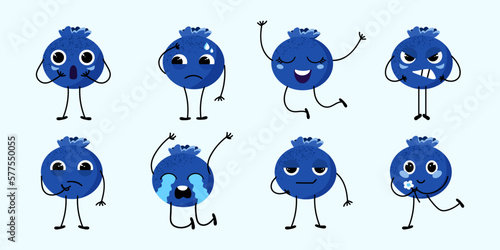 Vector set of a cute blueberry character. Blueberries with different emotions, surprise, crying, happy, cool, sad, thoughtful. Stylish set of funny berry. Healthy Eating. 