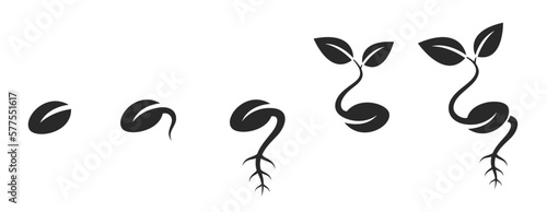 Seed sprouting icon set. sprout, planting, seeds germination and agriculture symbols. isolated vector images