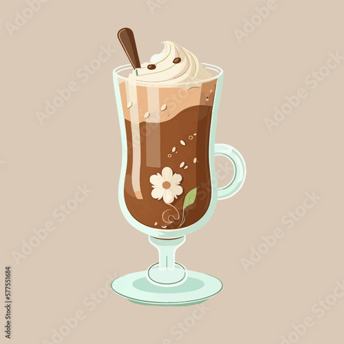 Flat cartoon illustration of cute beautiful glass cup of raf coffee drink in pastel brown colors