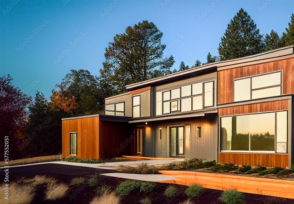Prefab house on sunset. Modern Suburban Modular house construction. Luxury townhouse. Modular apartments in residential area. Modern Family house and residential building, Ai Generative Illustration Prefab house on sunset. Modern Suburban Modular house construction. Luxury townhouse. Modular apartments in residential area. Modern Family house and residential building, Ai Generative Illustration