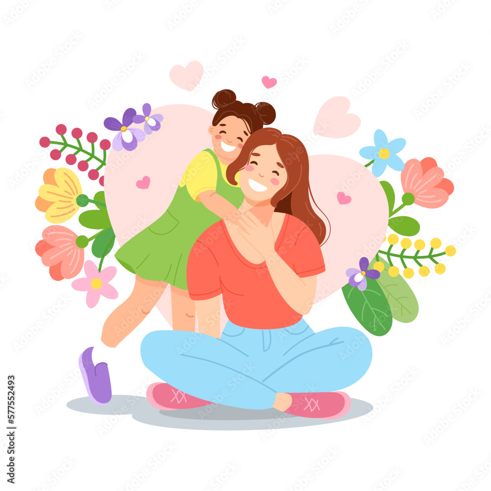 Mother's day illustration with happy daughter and mother on background of spring flowers in cartoon style Mother's day illustration with happy daughter and mother on background of spring flowers in cartoon style