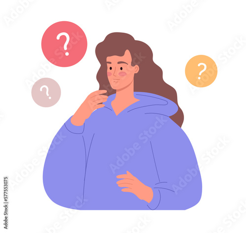 A young woman are confused by questions. 