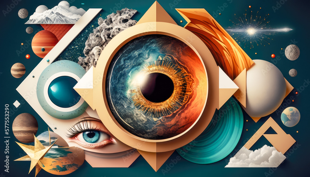 Surreal collage of eyes, stars, planets and shapes. Generative AI
