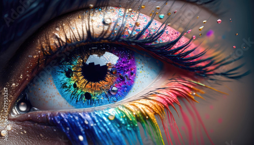 A close-up of a colorful eye with glitter and eyelashes/ Generative AI