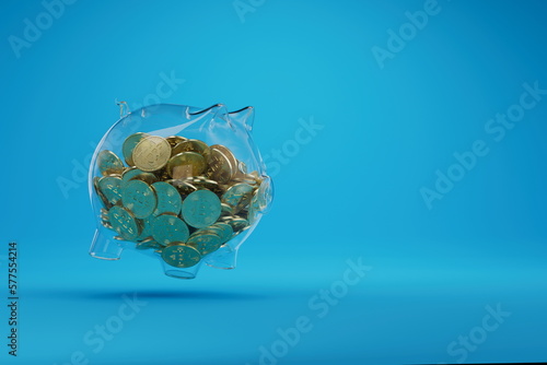 A transparent piggy bank full of bitcoins. Bitcoin saving and investment concept. 3D Illustration. Blue Background.