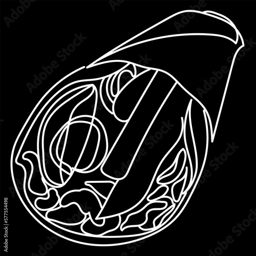 Greek souvlaki pita gyro. Traditional street food. White outline on a black background. Isolated vector illustration.