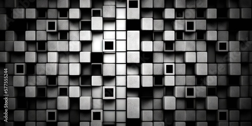 This design features abstract black and white geometric shapes resembling squares, rectangles, and blocks on a gray mosaic background, Generative AI