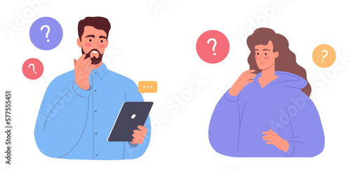 Young man and woman ask questions and solve problems