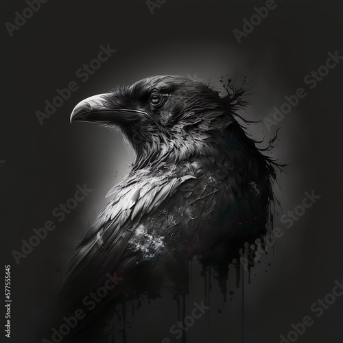 Raven in Black and White, High Detailed, low key photography