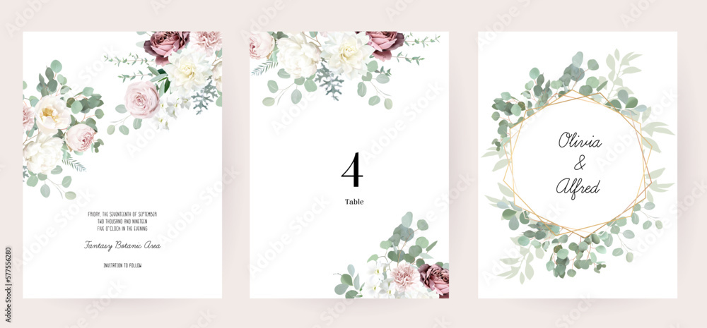 Silver sage green and blush pink flowers vector design frames. Dusty rose, white carnation, mauve rose, ranunculus - obrazy, fototapety, plakaty 