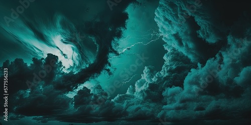 A dramatic stormy night with dark teal sky, thunderclouds, and a moony panoramic background for web design, Generative AI