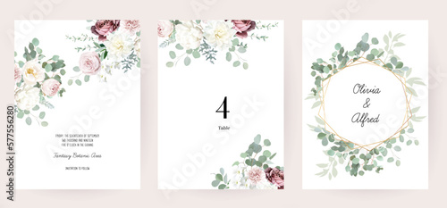 Silver sage green and blush pink flowers vector design frames. Dusty rose, white carnation, mauve rose, ranunculus