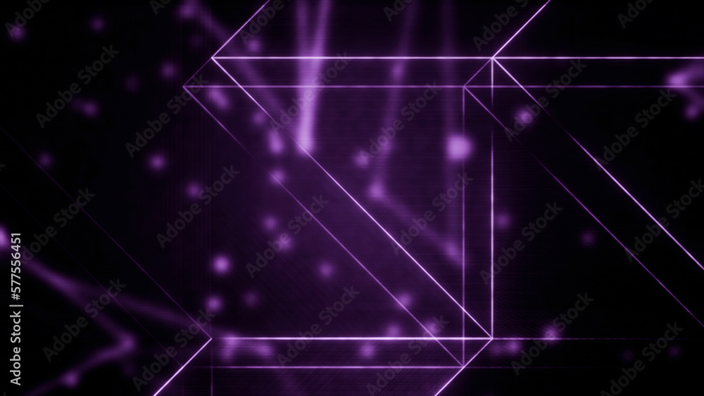 Obraz premium Abstract neon lines, angles, and dots on a black background. Motion. Purple technological background with angles and blurred shapes.