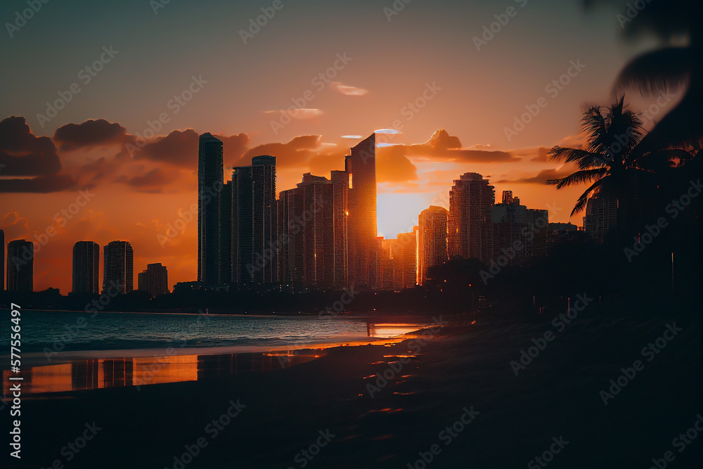 Miami, Florida, USA, at sunset. Miami beach, Skyscrapers buildings in miami city. Ai Generated Illustration..