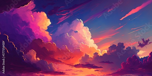 Stunning sunset with vibrant hues of purple, pink, and orange, set against a cloudy sky; perfect for designing, Generative AI