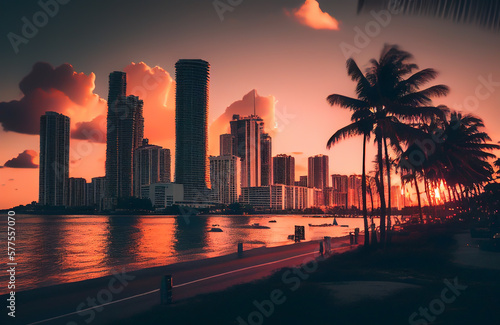 Miami, Florida, USA, at sunset. Miami beach, Skyscrapers buildings in miami city. Ai Generated Illustration.. © MaxSafaniuk
