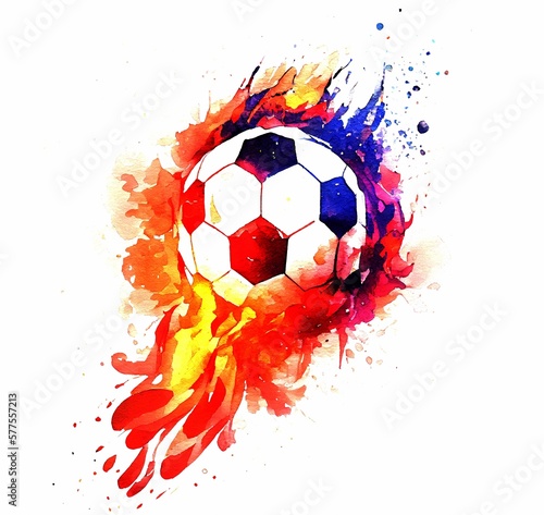 Soccer ball in hot fire hand drawn watercolor illustration championship