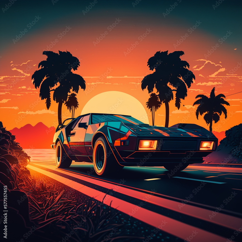 80's car driving into sunset