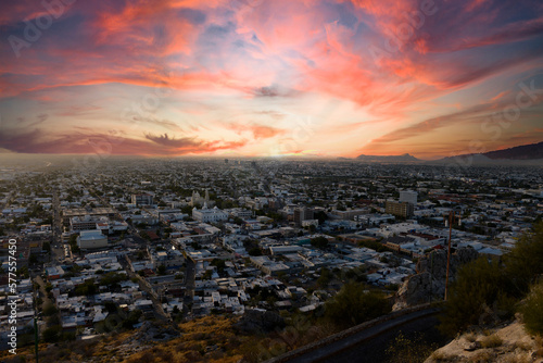 View of Hermosillo City from the top of Cerro de la Campana at sunset. photo