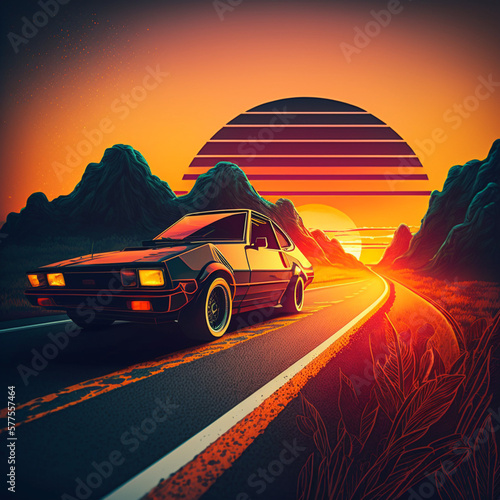 80's car driving into sunset