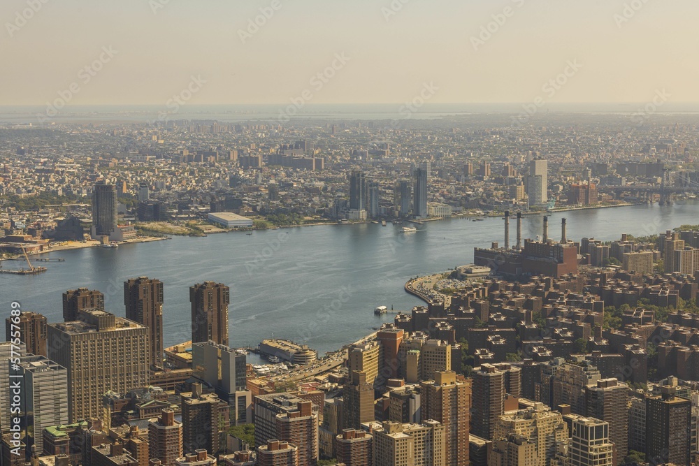 Beautiful aerial panoramic view at Manhattan cityscape and Hudson River. New York, USA.