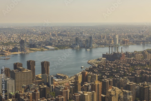 Beautiful aerial panoramic view at Manhattan cityscape and Hudson River. New York, USA.