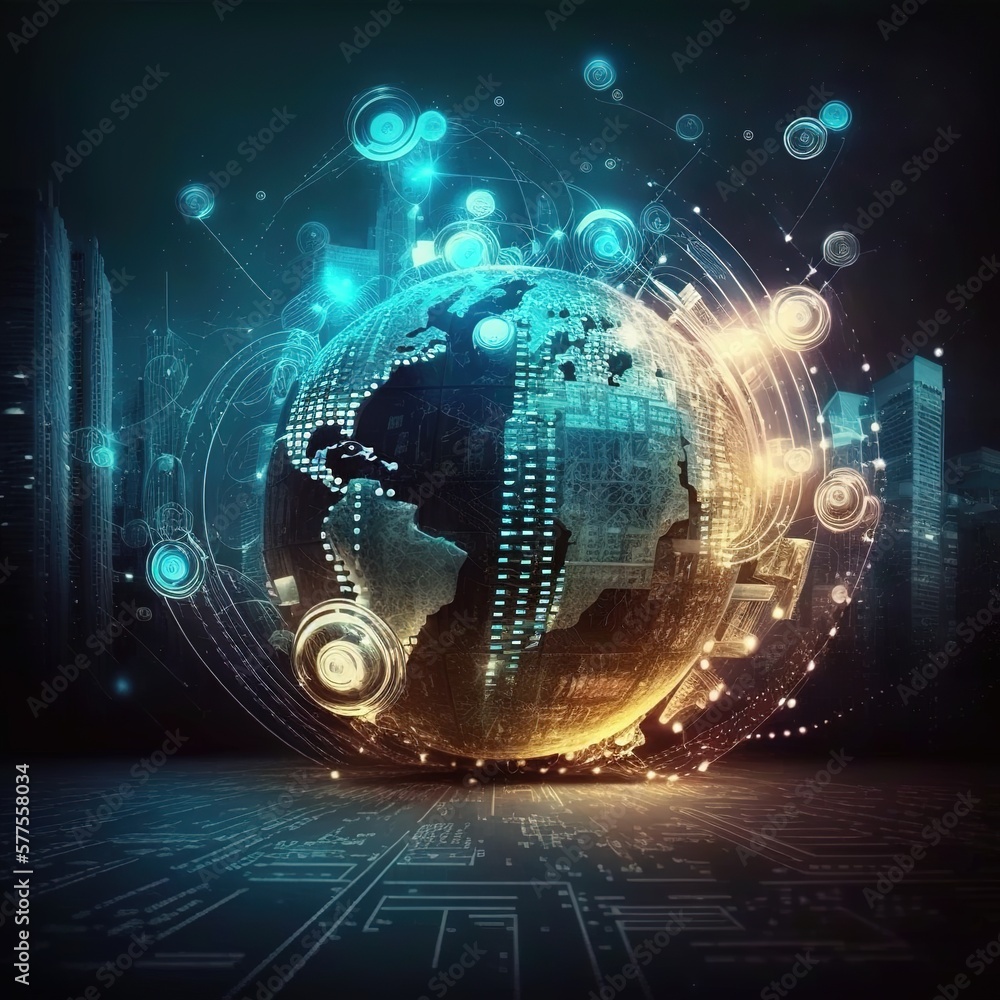 Fototapeta premium Telecommunication on earth cryptocurrency and blockchain and IoT. Communication technology, generative ai 