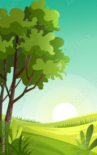 Green hills landscape with trees and sunrise on the horizon, nature scenery vector illustration