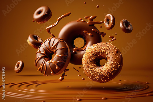 Generated AI,Flying glazed donuts isolated over brown background