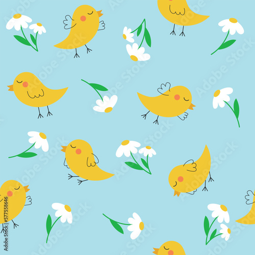 Seamless pattern cute funny yellow easter chickens. Hand drawn illustrations for greeting cards, invitations, wrapping paper, holiday design. Pattern with chickens and flowers