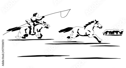 Mongolian horseman riding a horse chasing another horse with lasso. Vector illustration. Monochrome Artwork. 