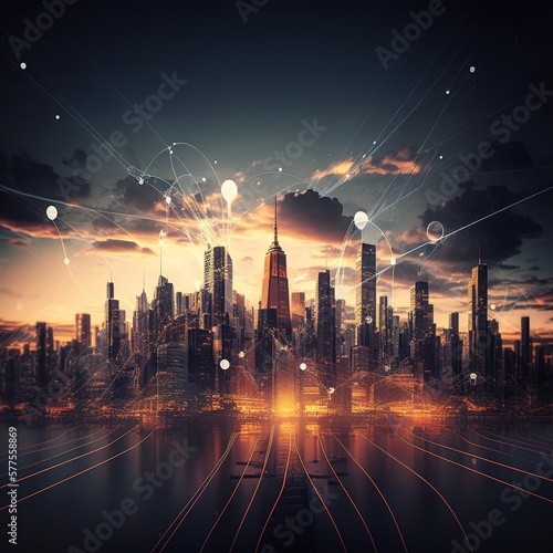 Smart city and abstract dot point connect with gradient line and aesthetic Intricate wave line design   big data connection technology concept  generative ai