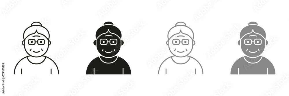 Old Woman, Senior Person Silhouette and Line Icon Color Set. Happy Elder Lady Pictogram. Old Grandmother Symbol Collection on White Background. Retirement Concept. Isolated Vector Illustration