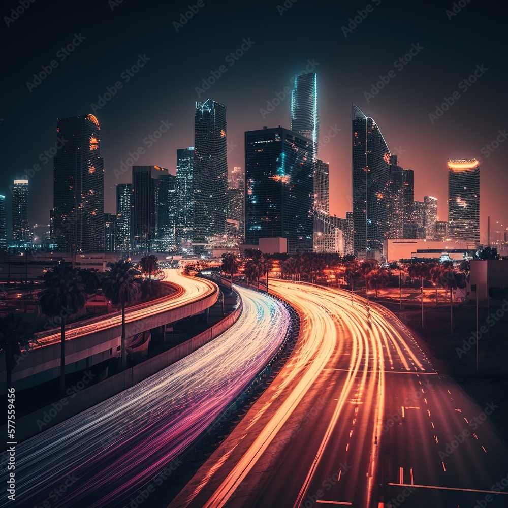 Fototapeta premium warp speed in a hyper loop with blur light from building lights in a megacity. Next-generation technology concept, generative ai